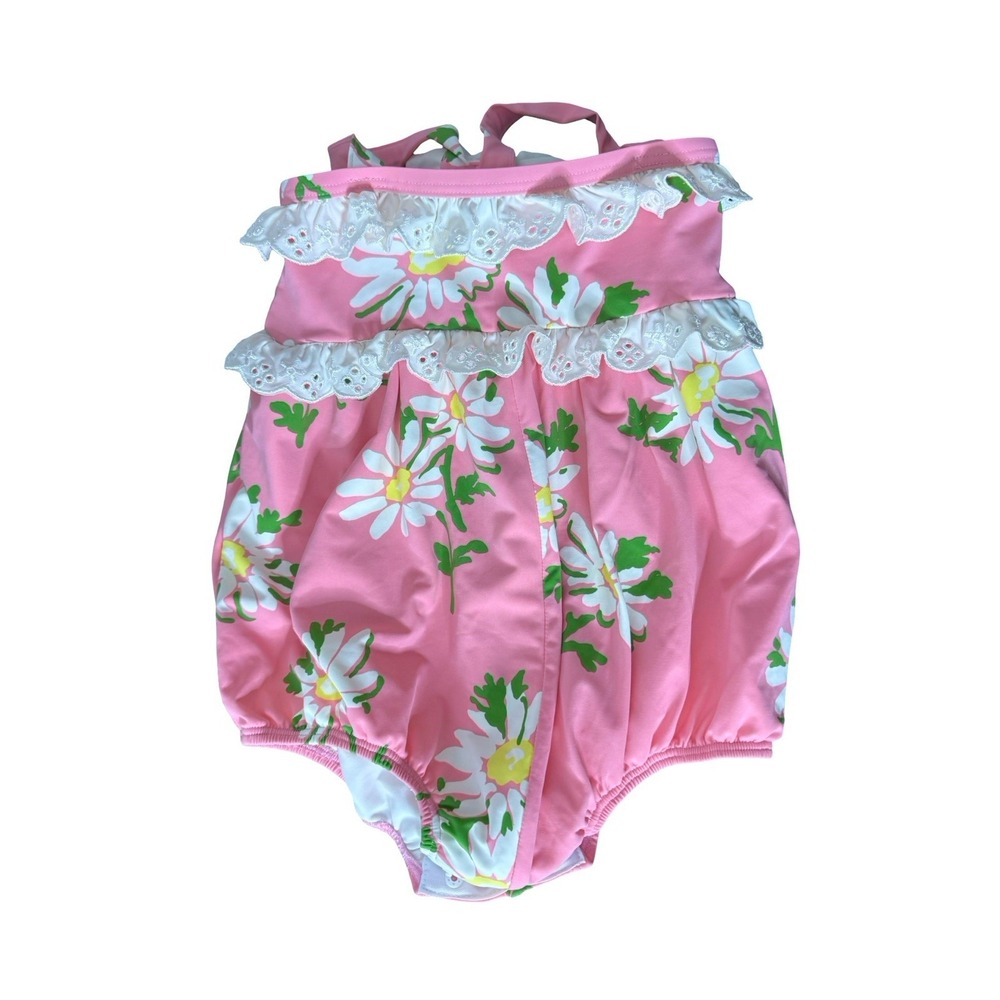 TBBC Beaufort Bonnet Pink Daisy Swim Suit 12-18 Months snap bottom